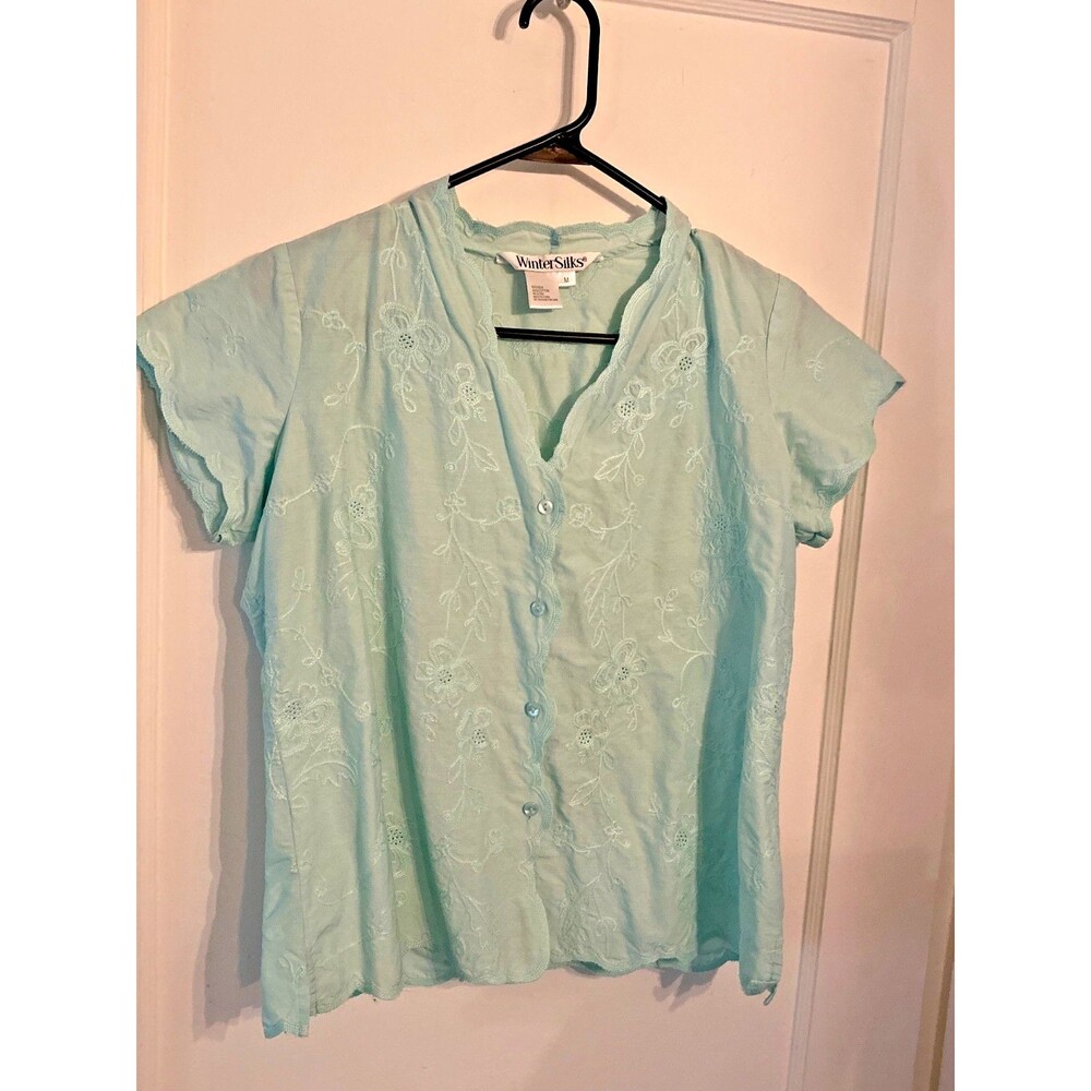Embroidered Silk Cotton Winter Silks Women’s Blouse Size M Aqua Button Up Top